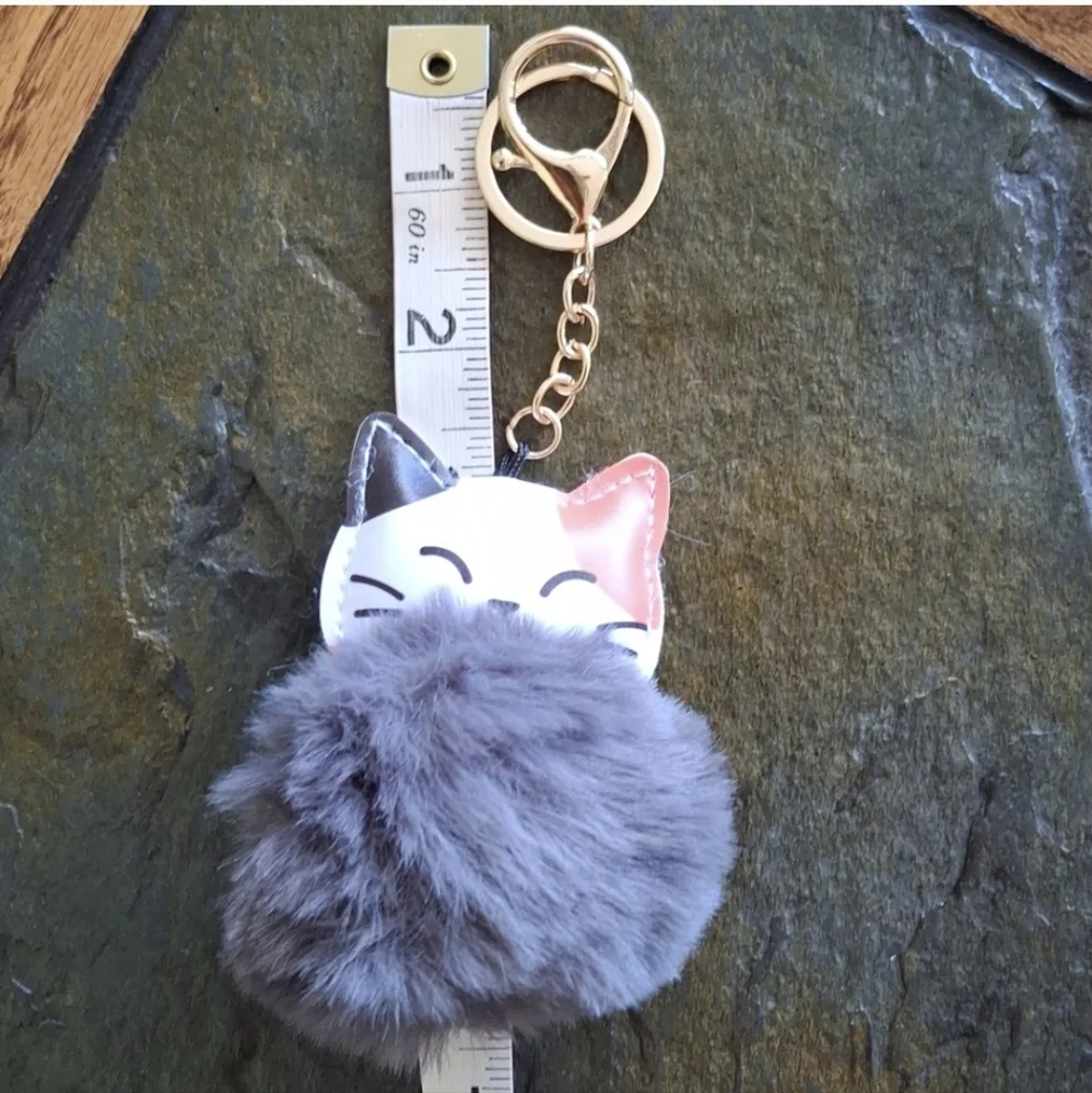 Cute Cat Keychain with Fluffy Caramel Pom Pom